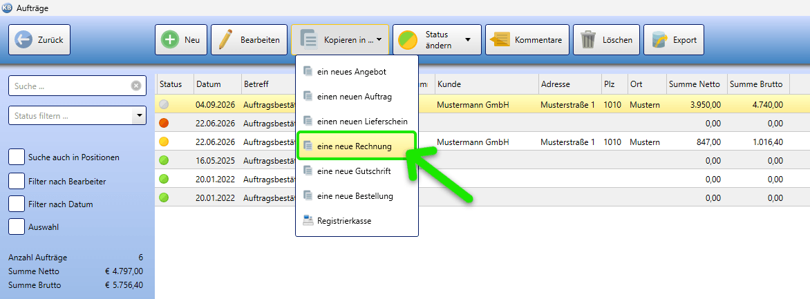 Auftrag mit einem Klick in Rechnung wandeln