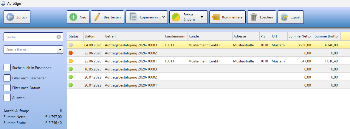 Liste aller erstellten Aufträge