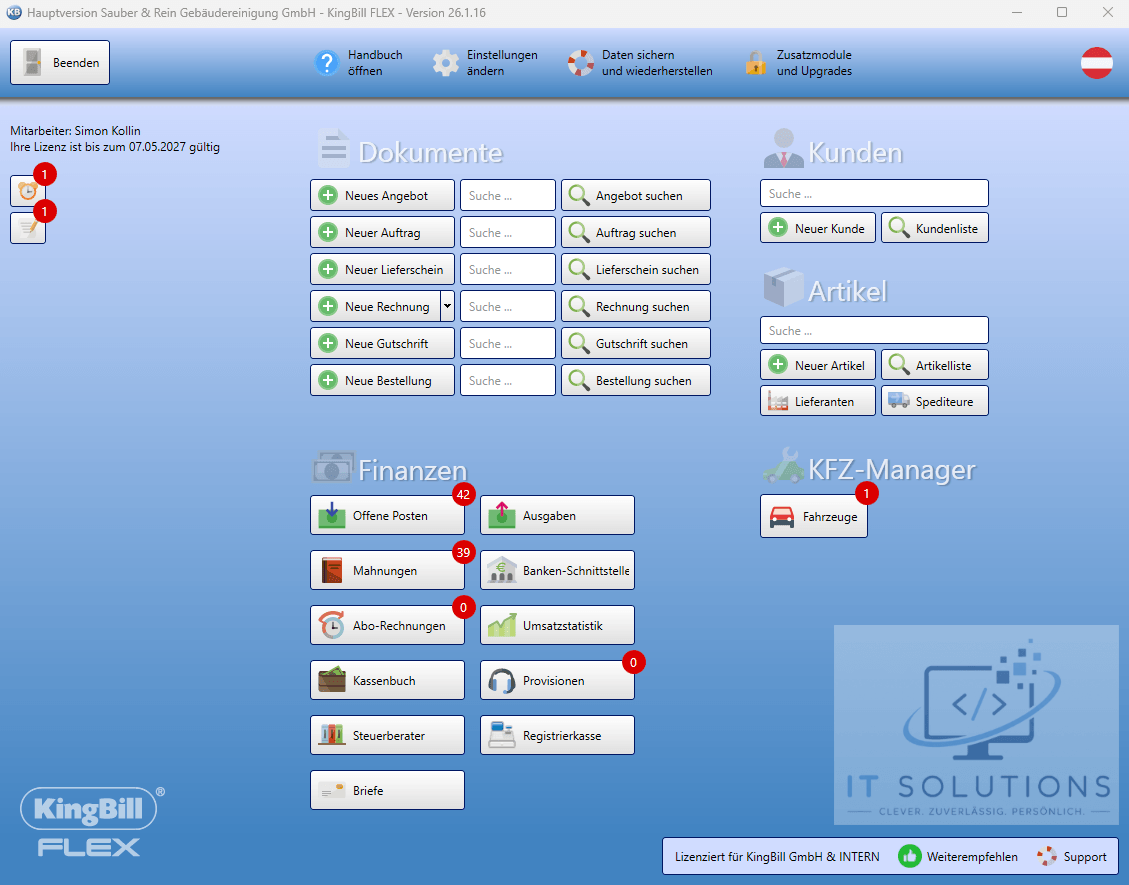 Dashboard der Software (alle Module aktiv)