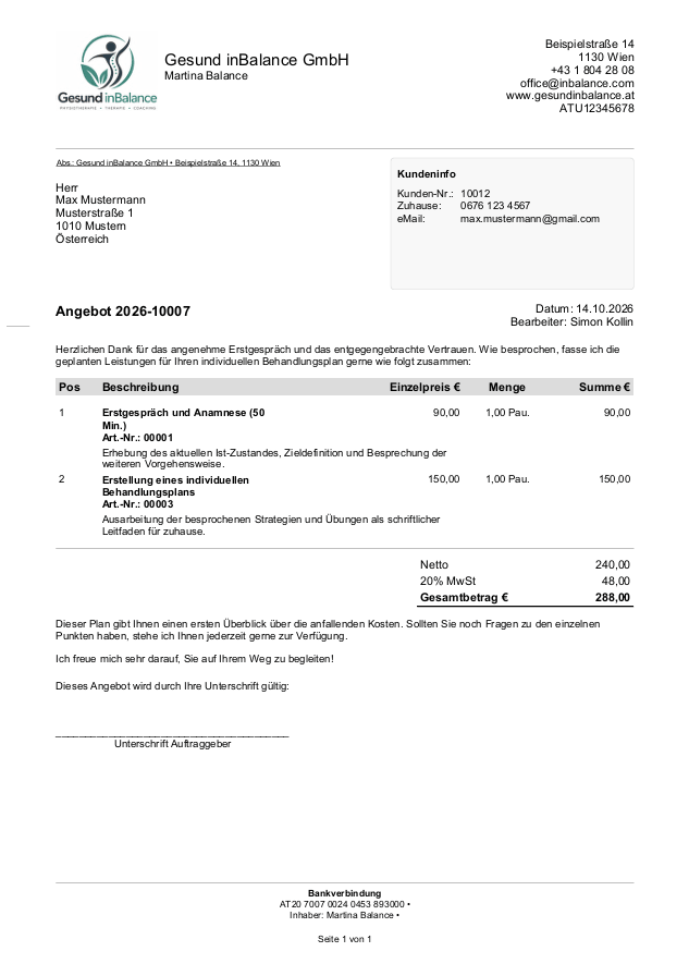 Kostenvoranschlag Behandlungsplan Therapeuten