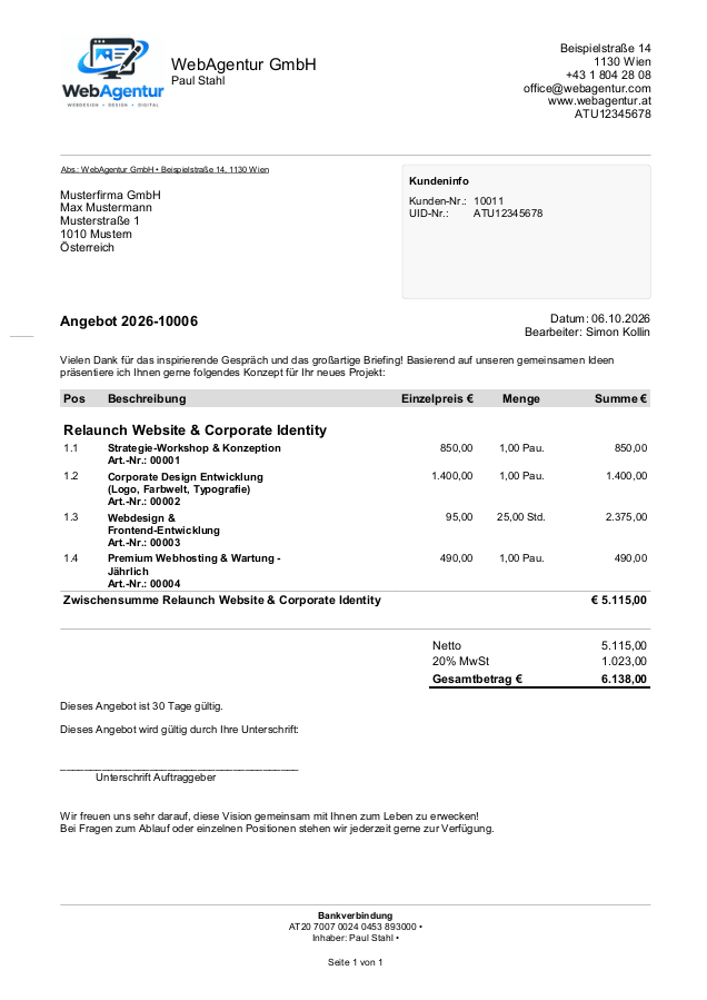 Angebot Werbeagentur Webdesign erstellen